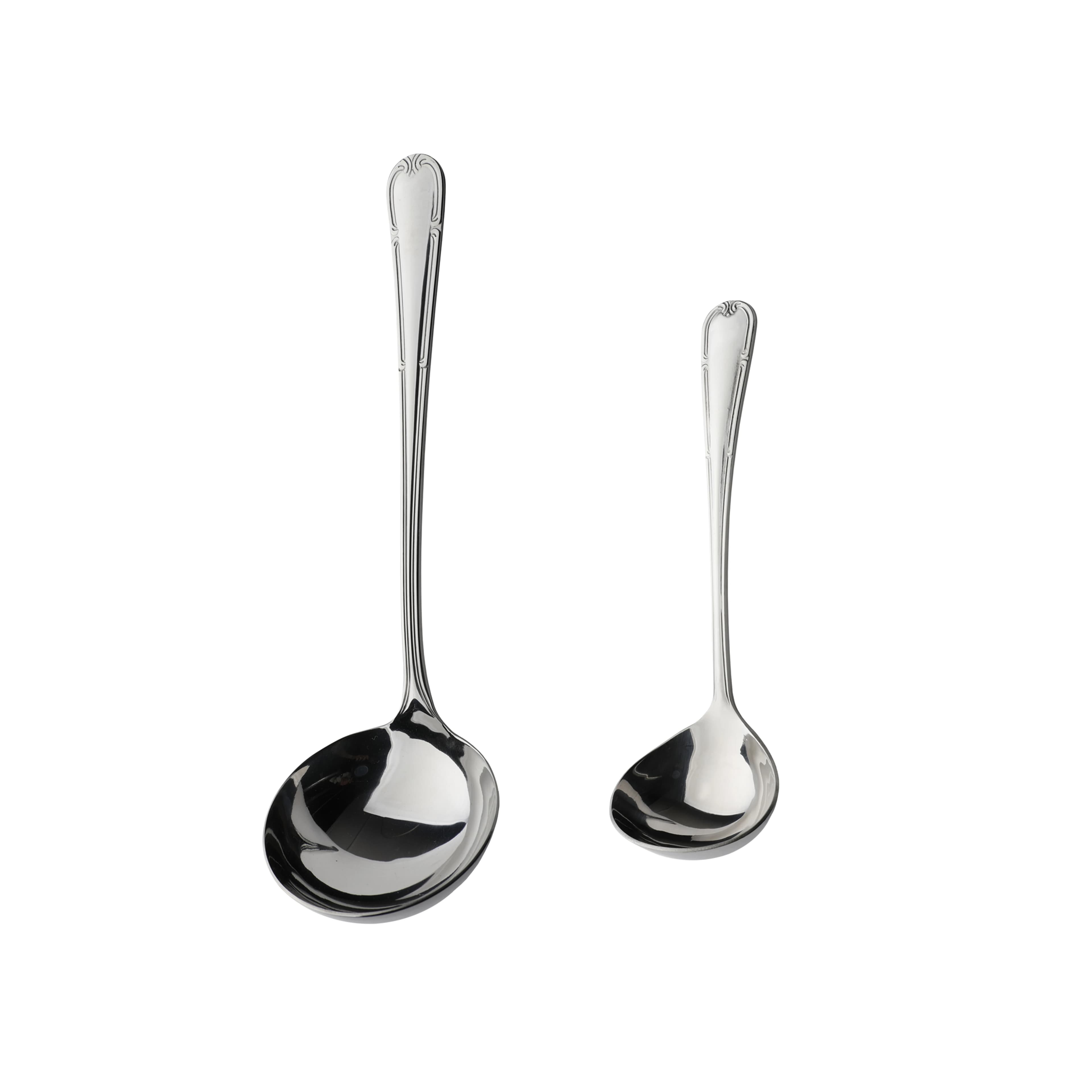 Mr.Spoon Serie Flores,Cazo para salsa y servir de 2, 6 o 12 piezas,Acero inoxidable 18/0,Plateado,Económico y funcional,Cazo de servir largo
