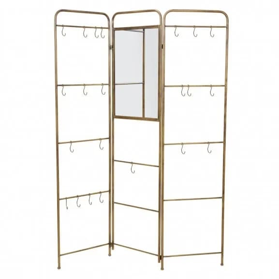 Parabán perchero con espejo y colgadores metal dorado 3 hojas 129x24x180