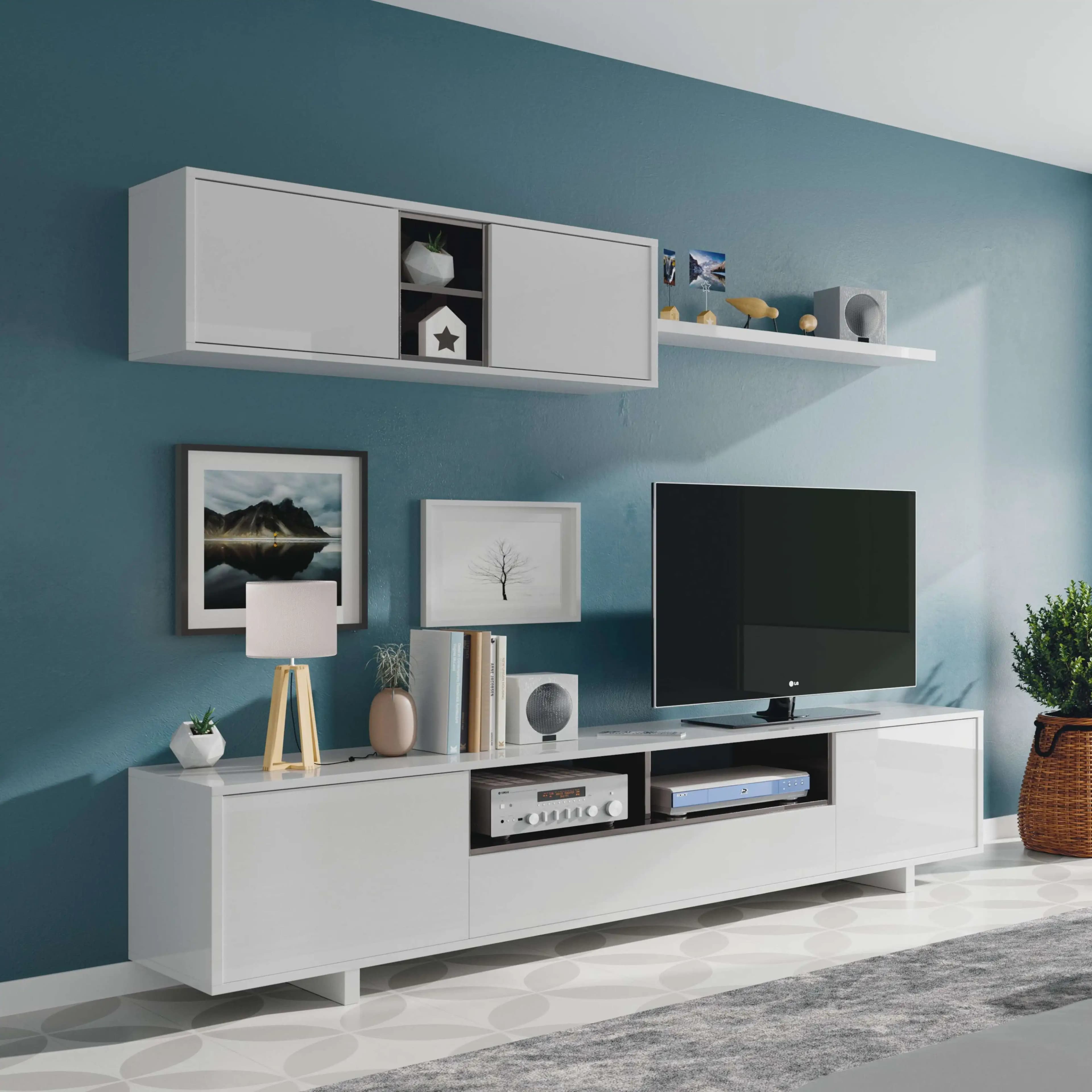 Miroytengo Mueble de Salón Comedor Moderno Blanco Belus (módulo inferior 200x46x41 cm + módulo superior 105x35x29 cm + estante 95x3x21 cm)