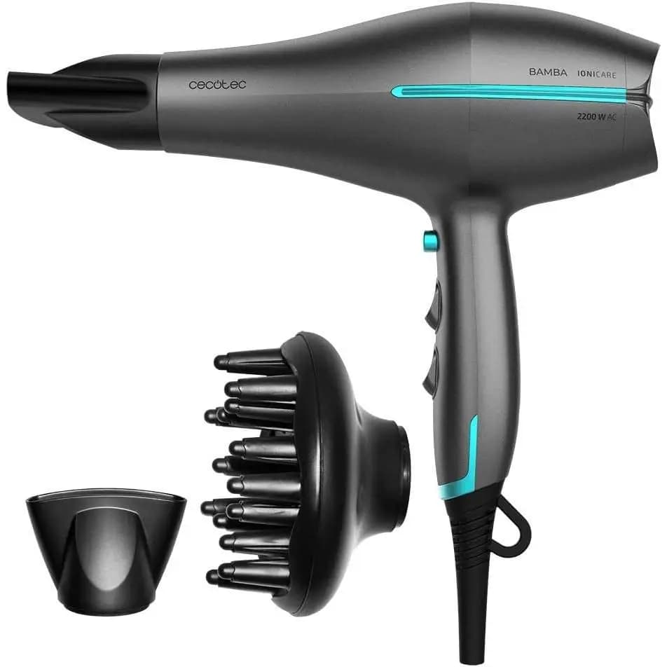 Cecotec Secador de Pelo Iónico Bamba IoniCare 5300 Maxi Aura Black. 2200 W, Motor AC, Función de Aire frío, Cable 1.8 m, Incluye Difusor y