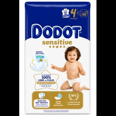 Dodot Sensitive Talla 4 (9-14 kg) 48 Pañales – Barrera Stop Fugas y Suavidad Extrema Dodot