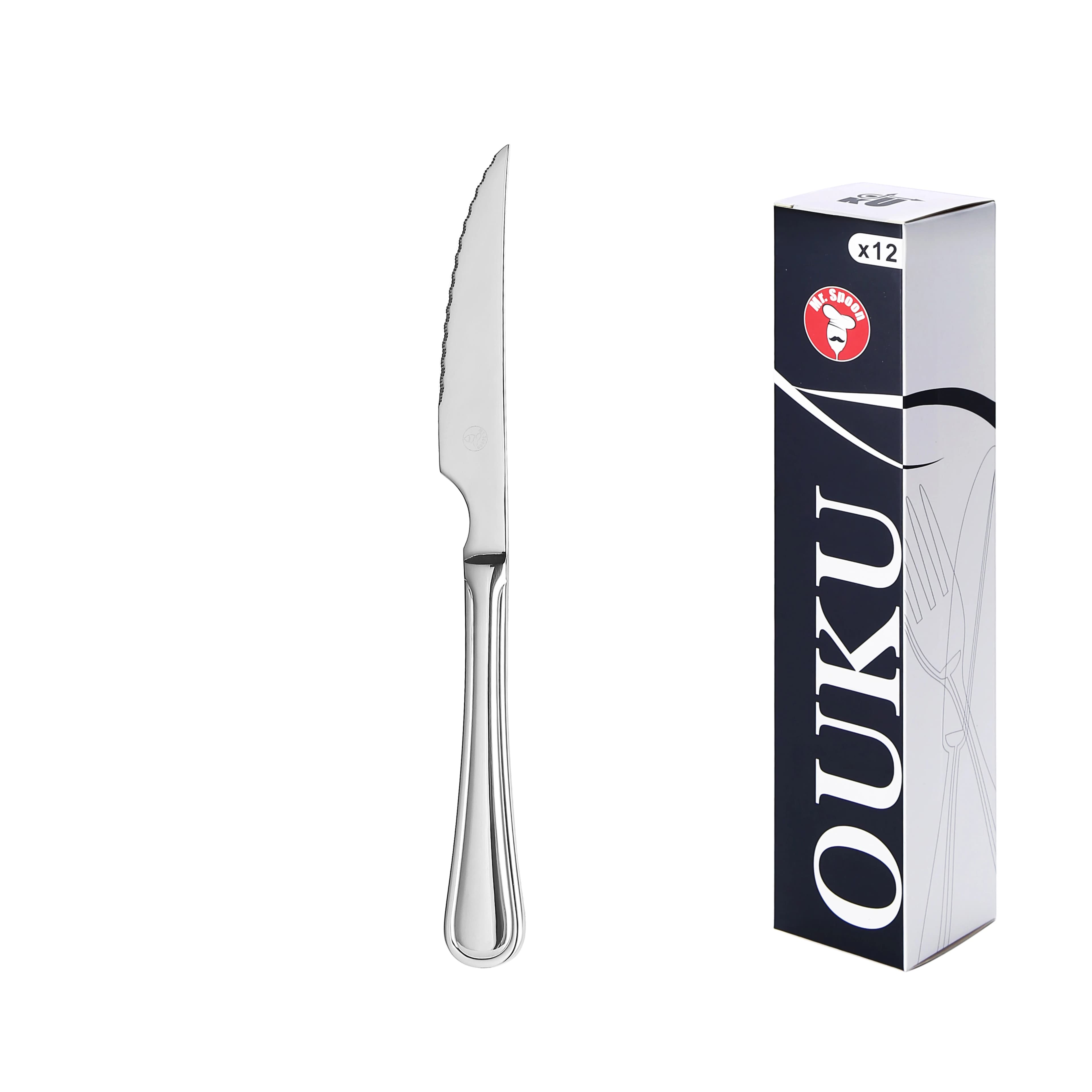 Mr.Spoon Serie Raya Cuchillos 12, 48 o 120 piezas,Acero inoxidable 13/0,Plateado,Económico y funcional,Cuchillo de carne y mesa largo 225mm,cuchillo