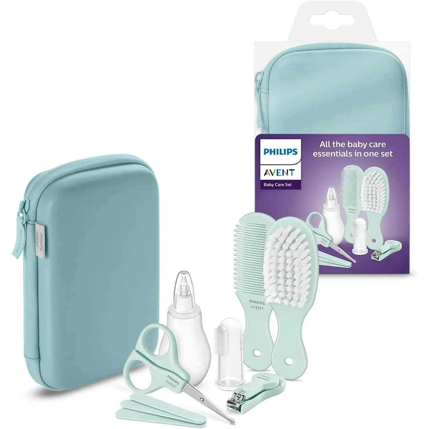 Philips AVENT Set Cuidado del bebé, incluye 1 aspirador nasal, 1 cepillo dientes dental, 1 tijera punta redondeada, cortauñas, 3 limas de uñas, 1