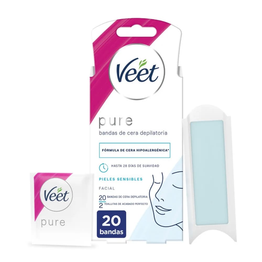 Veet Pure Bandas de Cera Fría Facial | Depilación Labio Superior, Mejillas y Barbilla | Piel Sensible | Suavidad hasta 28 Días | 20 Tiras + 2