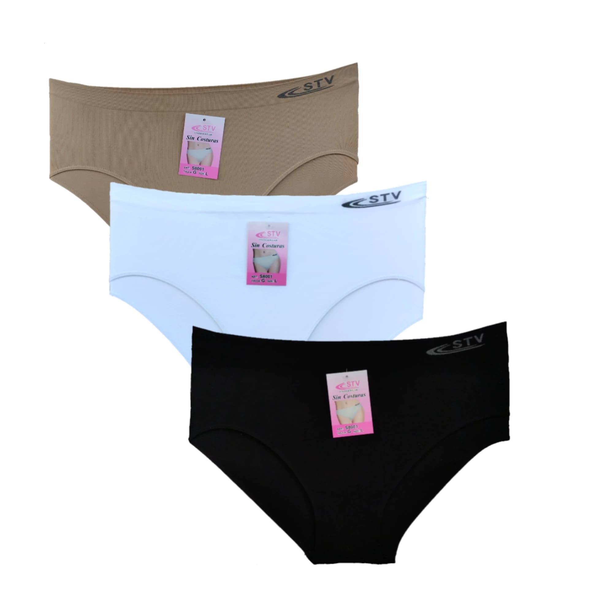 STV International -  Lote 12 Bragas Negro, Arena o Blanco de Licra. Talle Alto. Sin Costuras. Moldeadores Mujer. 8001