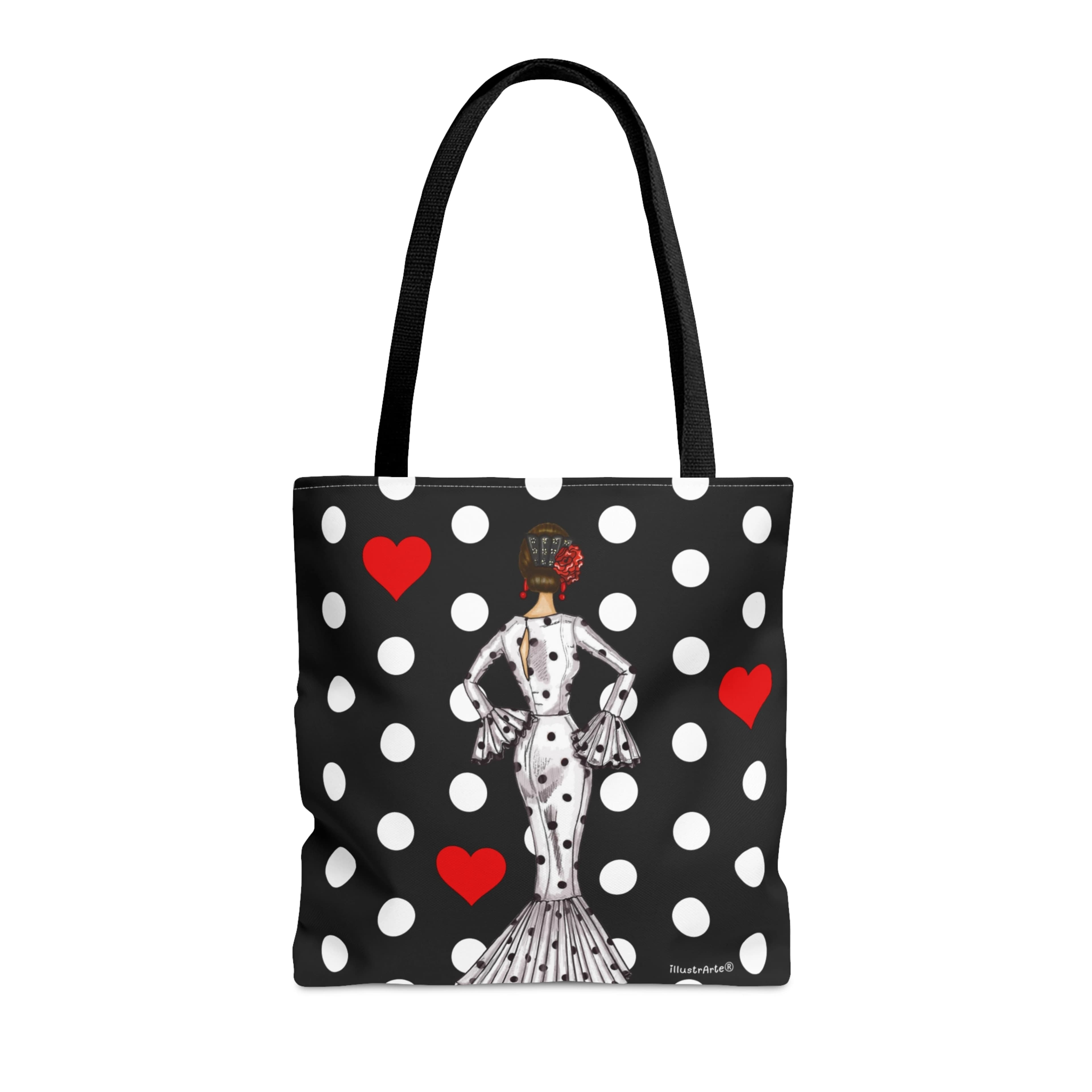 illustrArte – Bolsa tote Málaga “Flamenca María Blanco” – poliéster 400 g/m² (43×43 cm) – asas 60 cm – diseño doble cara con lunares