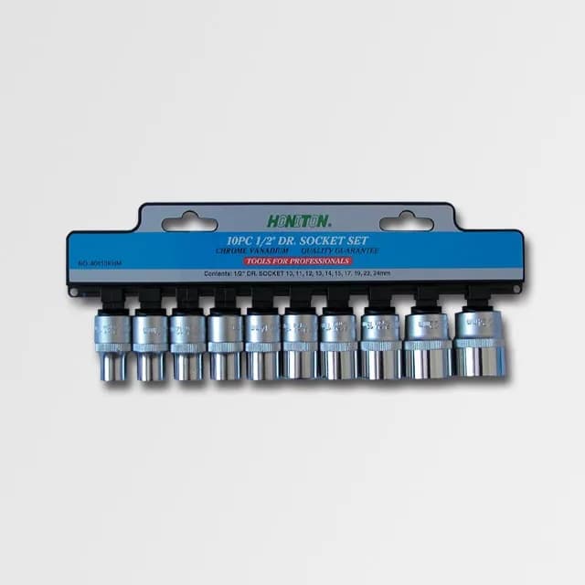 Honiton 10-piece 1/2" socket set with 3-year warranty, ideal for impact wrenches and heavy-duty use. EAN: 5900774540106, suitable for professional and