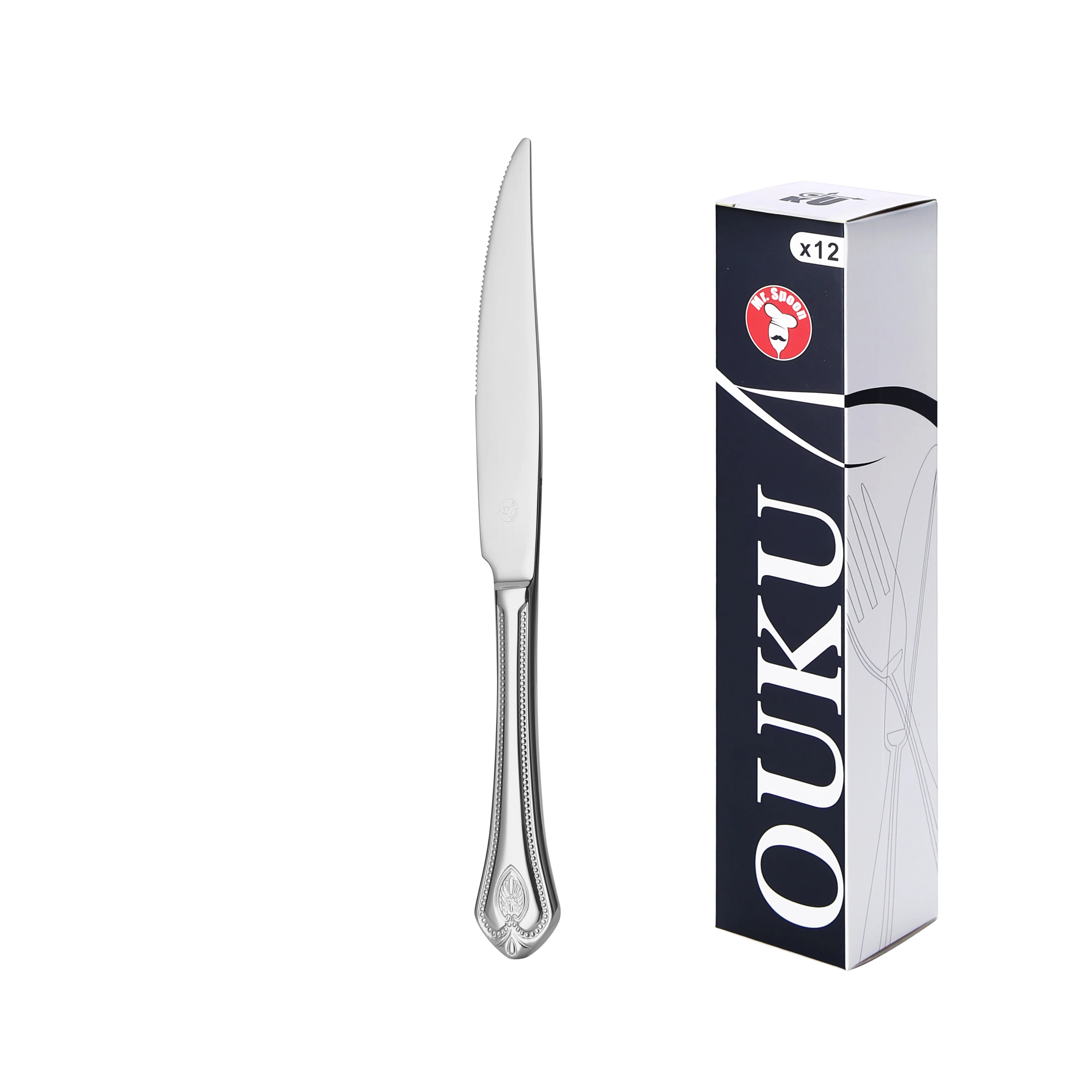 Mr.Spoon Serie Hielo Cuchillos de 12, 48 o 120 piezas,Acero inoxidable 13/0,Alta calidad y acabado,Cuchillo de carne y mesa largo 243mm,cuchillo de