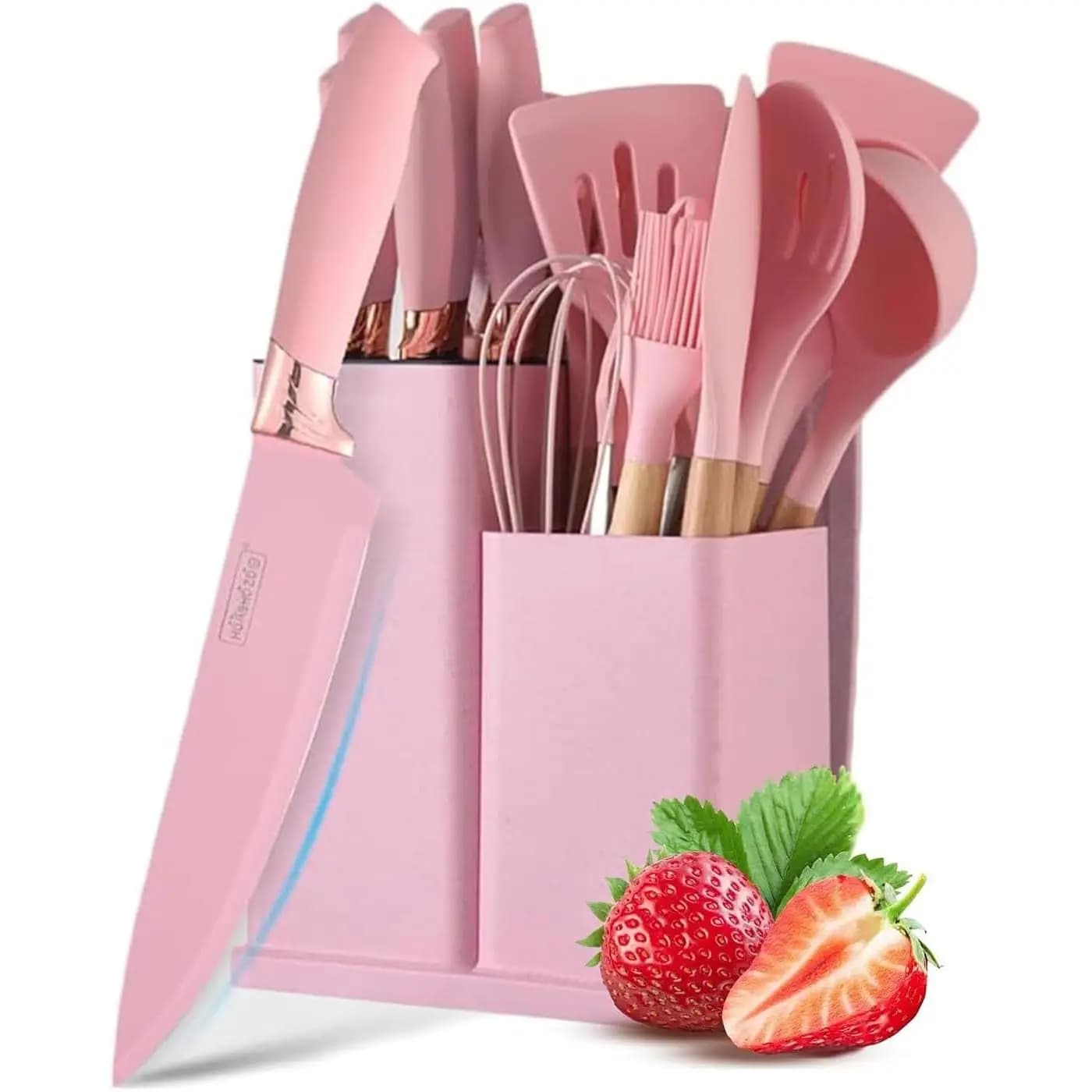 Justup ONEFNG OF2330 Juego de cuchillos con bloque de cuchillos, juego de cuchillos de cocina rosa con bloque, 19 piezas, utensilios de cocina con 6