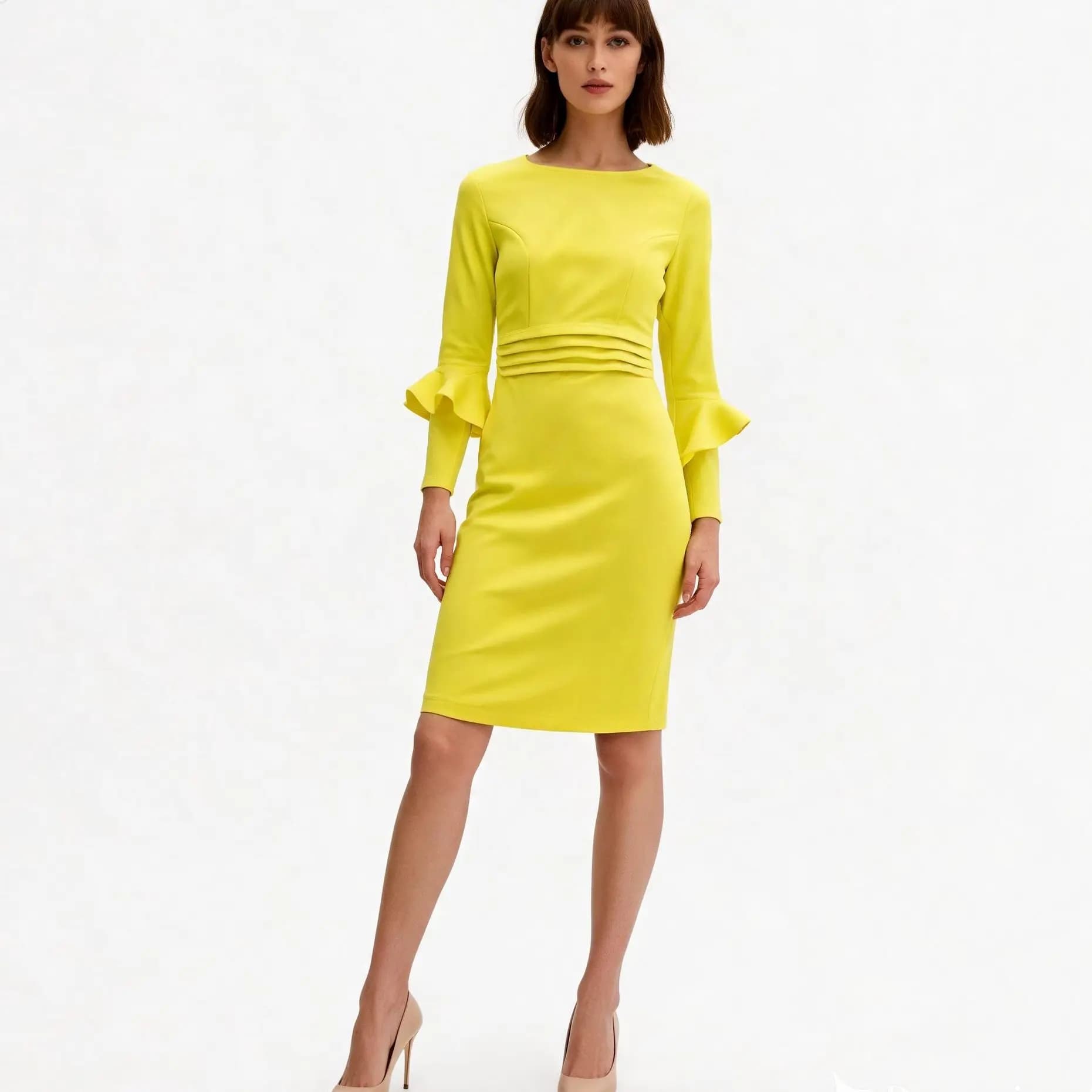 Vestido corto de fiesta talla única 36-40 con espalda en pico y volantes en mangas – elegante mujer