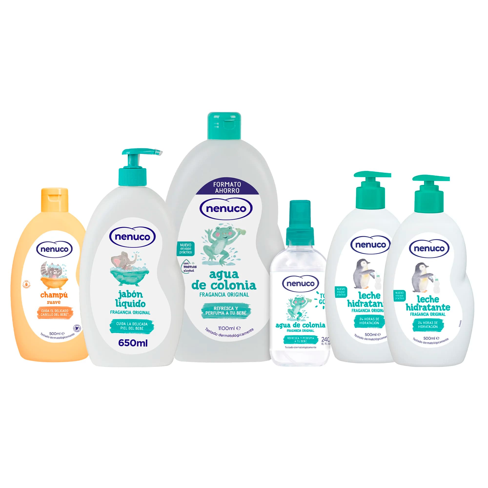 Nenuco Pack Completo Cuidado Bebé | Jabón Líquido 650 ml + Champú Suave 500 ml + Agua de Colonia 1100 ml + Spray 240 ml + 2x Leche Hidratante 500
