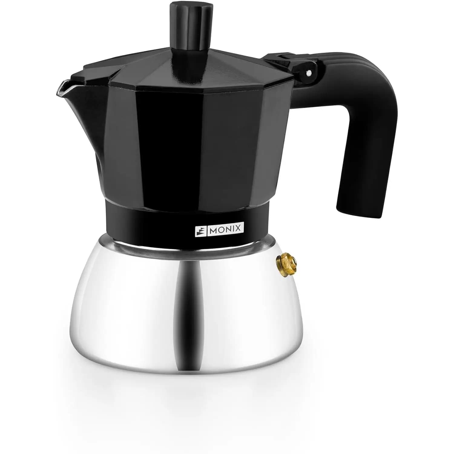Monix - Cafetera Induction Italiana de Aluminio y Acero Inoxidable, Capacidad 3-9 Tazas, Color Negro y Rojo, Mango Termorresistente, Apta todo tipo de