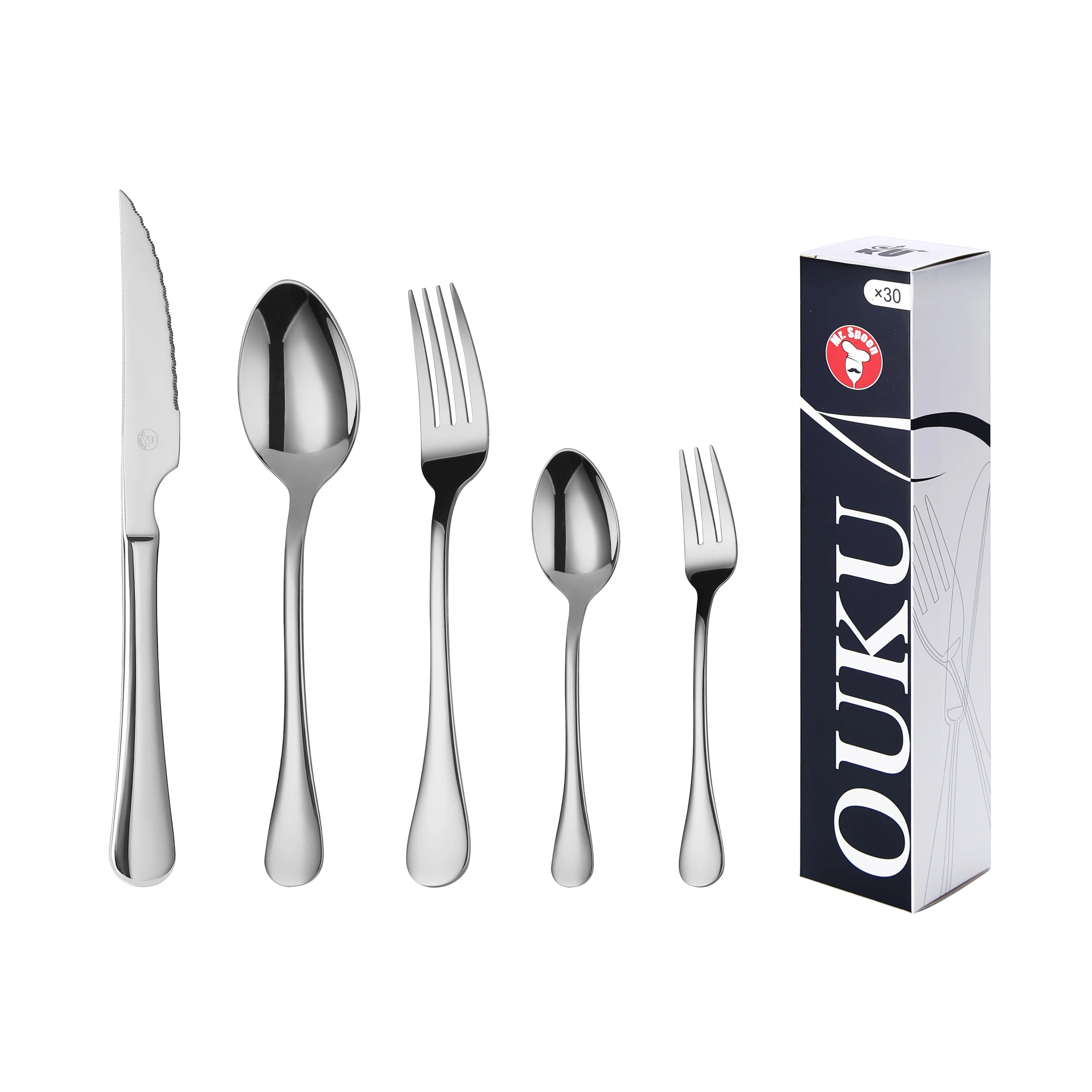 Mr.Spoon Serie Liso Juego 20, 30 o 36 piezas cubiertos,Acero Inoxidable 18/0,Plateado,Económico y funcional,Incluye cuchillo carne o