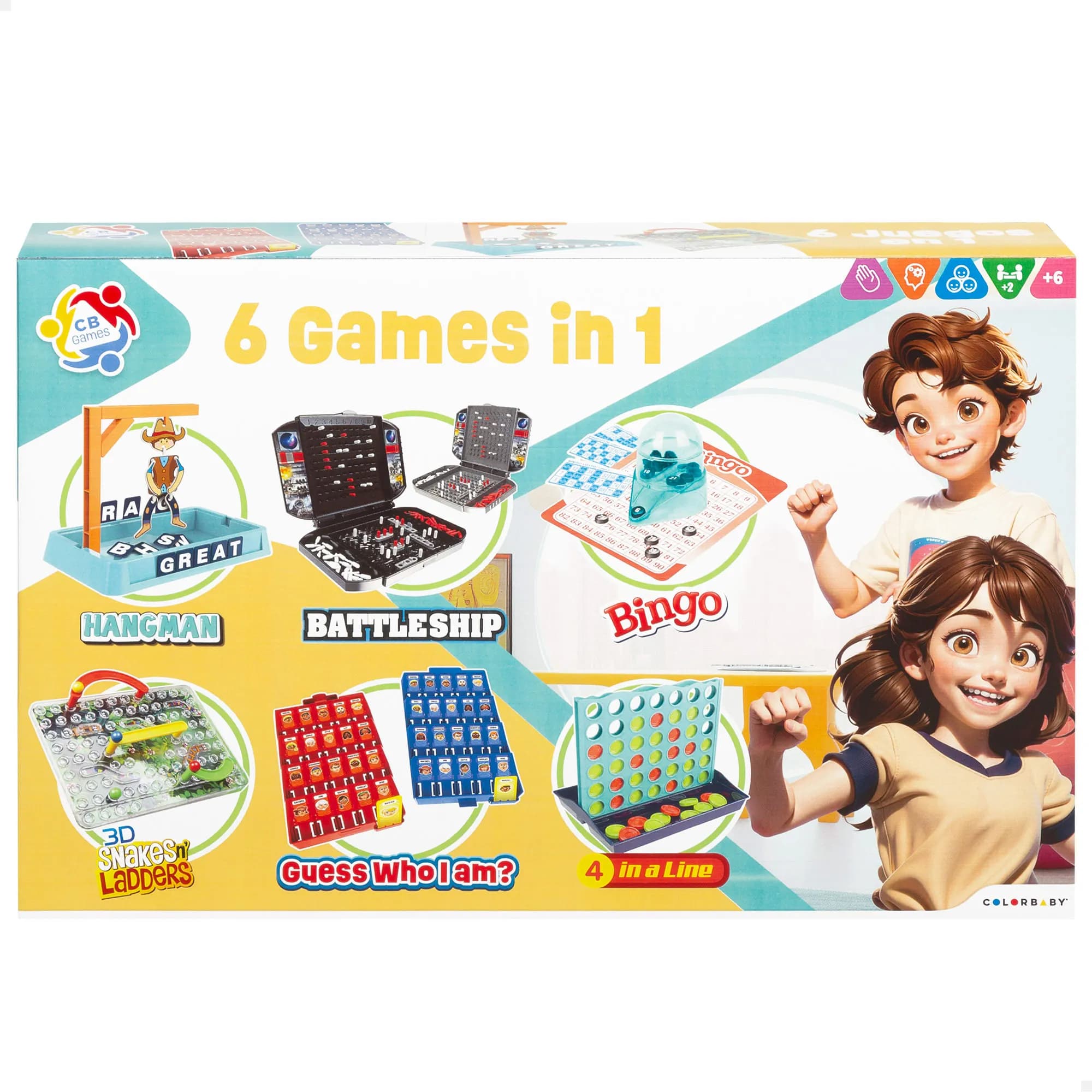 COLORBABY - Set 6 juegos de mesa, el ahorcado juego de mesa, bingo, serpientes y escaleras 3D, quién es quién, hundir la flota, 4 en línea, para