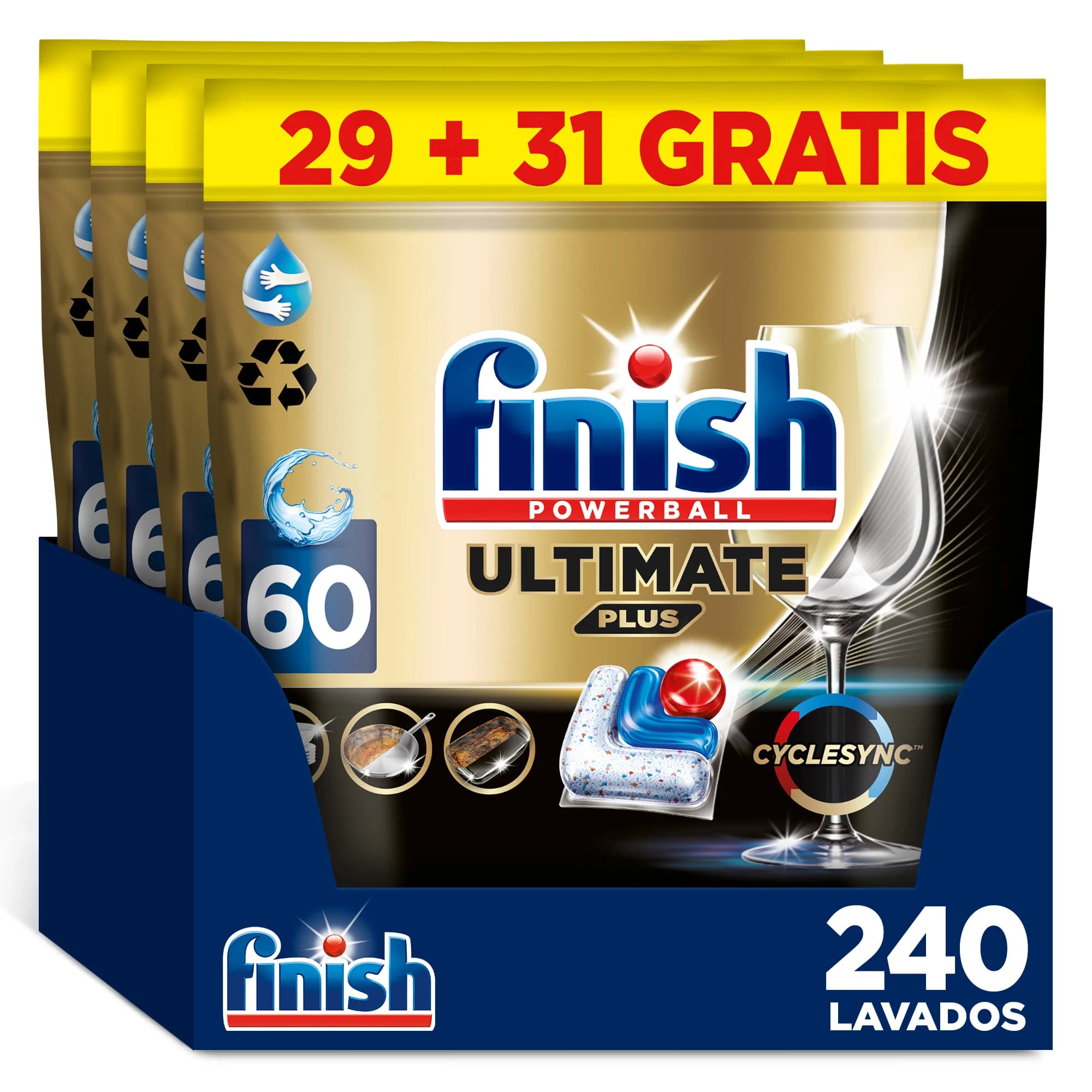 Finish Powerball ULTIMATE PLUS ALL IN 1 x60 x120 x180 x240 Pastillas para Lavavajillas, Limpieza Intensiva, Elimina Restos Quemados, Brillo Diamante,