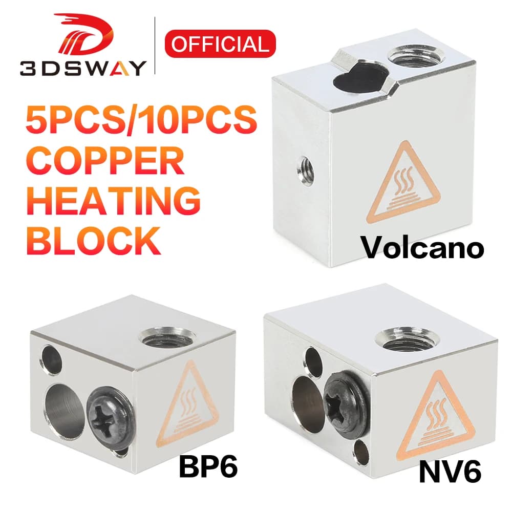 3dsway-piezas de impresora 3D, bloque de calentamiento de cobre, E3DV6, BP6, NV6, Volcán, Hotend, boquilla de bloque de calor, PT100, NTC100K,