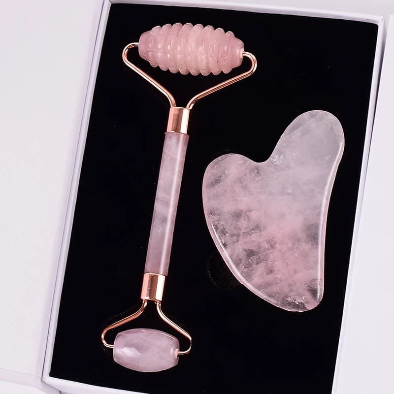Rodillo de masaje para el cuidado de la cara, herramienta Gua Sha de cuarzo rosa Natural, masajeador de acupuntura para la piel, adelgazante de