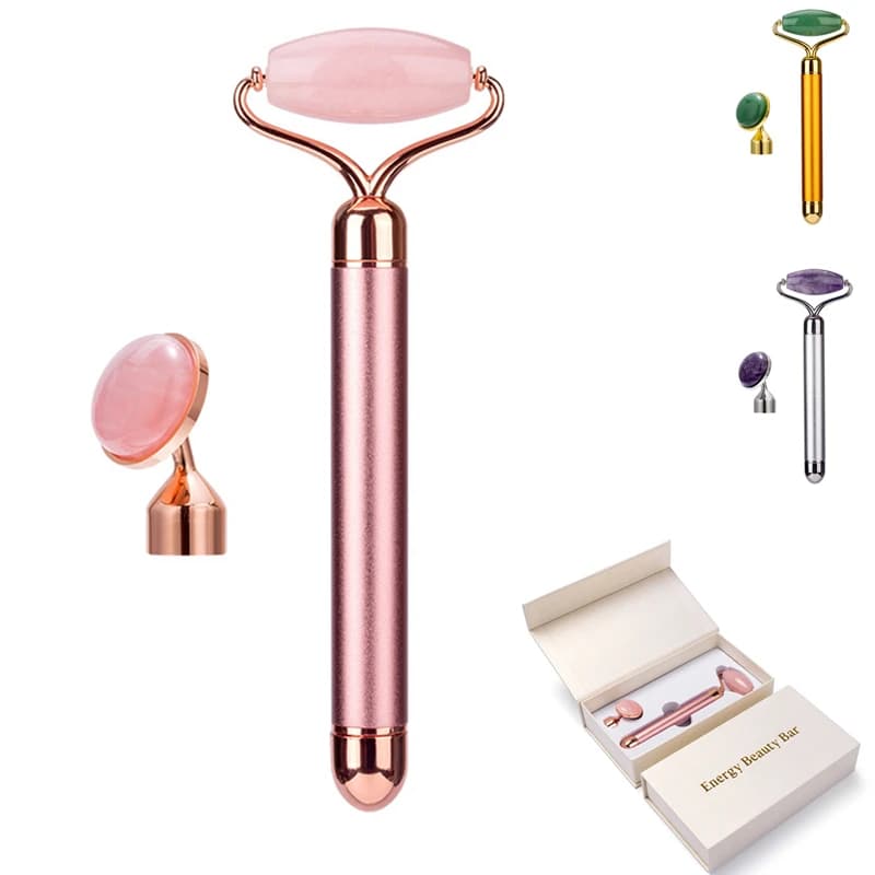 Rodillo de Jade de cuarzo rosa Natural vibratorio eléctrico 2 en 1, herramienta de masaje de belleza con rodillo Facial de piedra de Jade de cristal