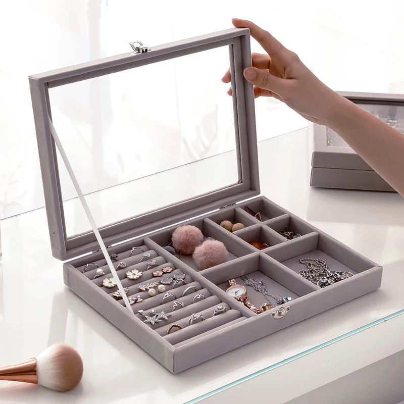 Caja organizadora para presentación de joyería, pendiente, anillo de cristal de terciopelo, soporte para bandeja, estuche de almacenamiento