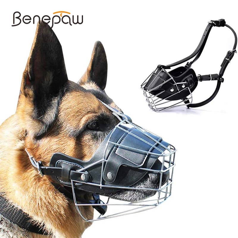Benepaw-bozal antimordeduras para perro grande, cesta de alambre, máscara de Metal, correas de cuero ajustables, cubierta de boca para mascotas,