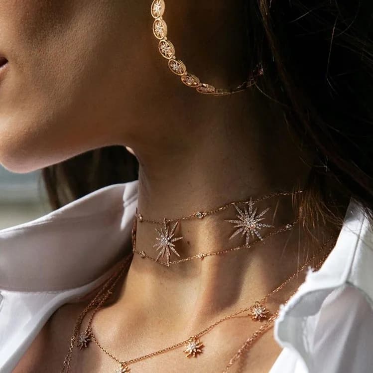 Gargantilla de estrella del norte pavimentada con cz ostentosa, collar de doble cadena para mujer, joyería moderna preciosa, gargantillas de capa de
