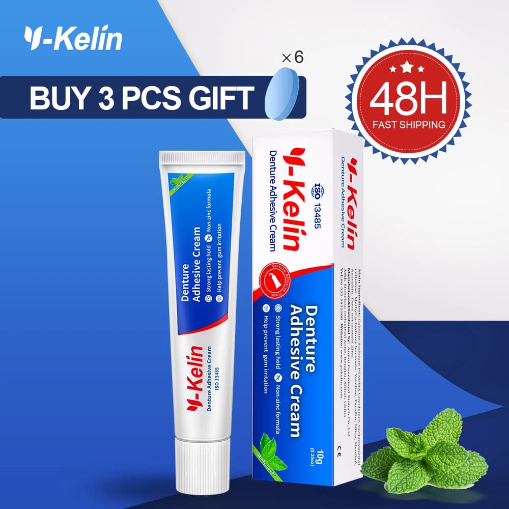 Y-Kelin Crema adhesiva para dentadura, paquete de 1/3/12, fórmula original sin zinc, sujeción extra fuerte para parte superior inferior o parciales
