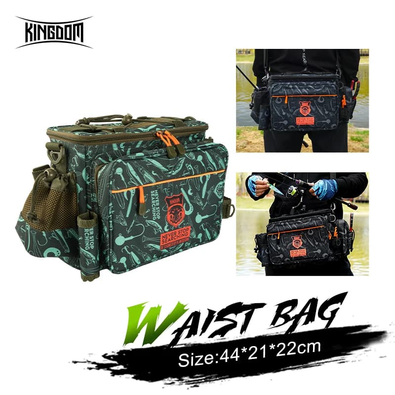 Kingdom-Bolsa de aparejos de pesca multifuncional, 44x21x22cm, nailon 1000D, impermeable, gran capacidad, bolso de hombro para pesca deportiva al aire