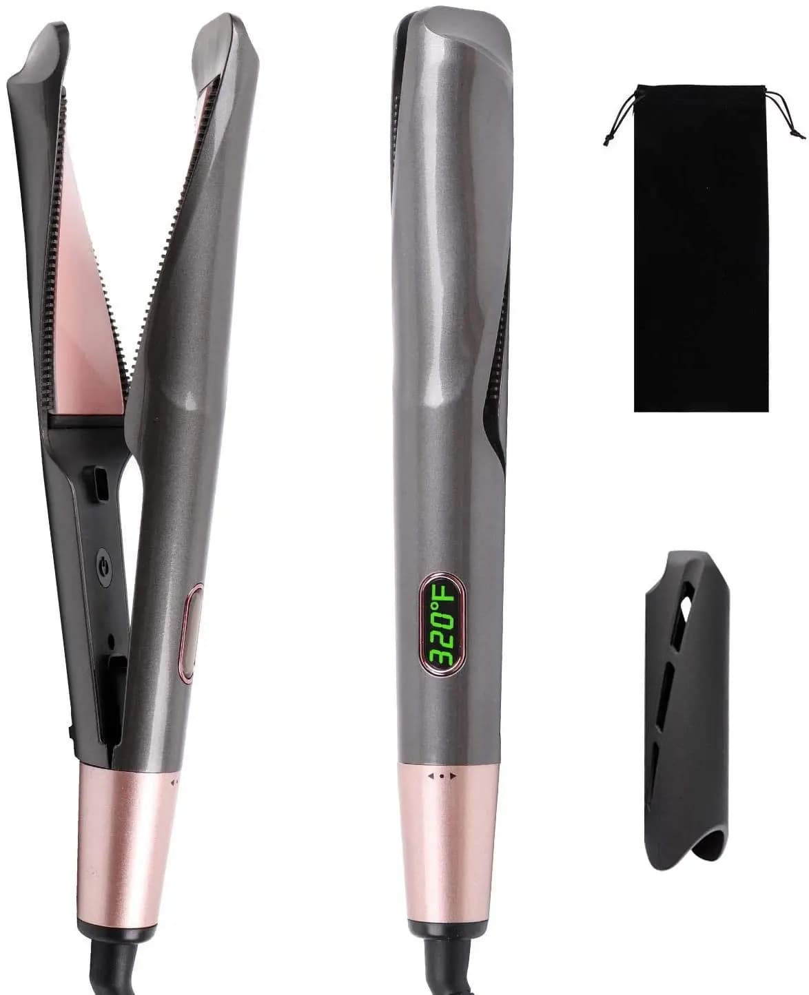 Rizador y Plancha de Pelo 2 en 1 Profesional, Plancha de Titanio 3D Cóncava y Convexa, Doble Voltaje