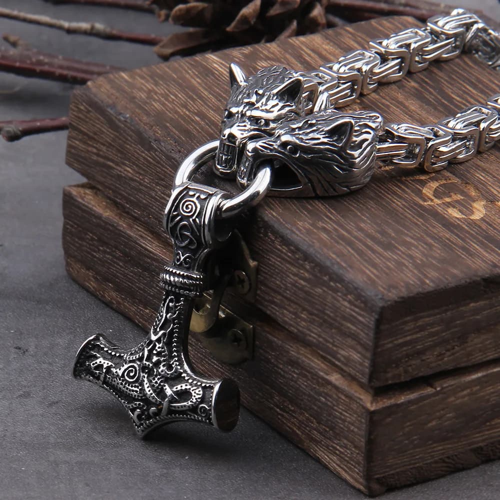 Collar de cabeza de Lobo de acero inoxidable con cadena cuadrada, martillo de thor, mjolnir, Vikingo, con caja de madera, regalo para novio