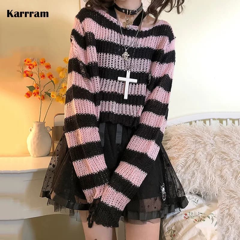 Karrram-suéteres góticos a rayas rosas para mujer, Jersey de punto holgado con agujeros rasgados, jerséis Grunge de hadas deshilachados, ropa de