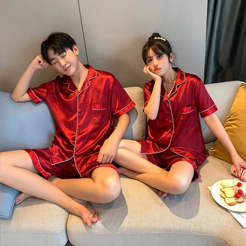 Traje de Pijama de lujo, conjuntos de pijamas de seda satinada, ropa de dormir para parejas, Pijama familiar informal, traje de noche para amantes,