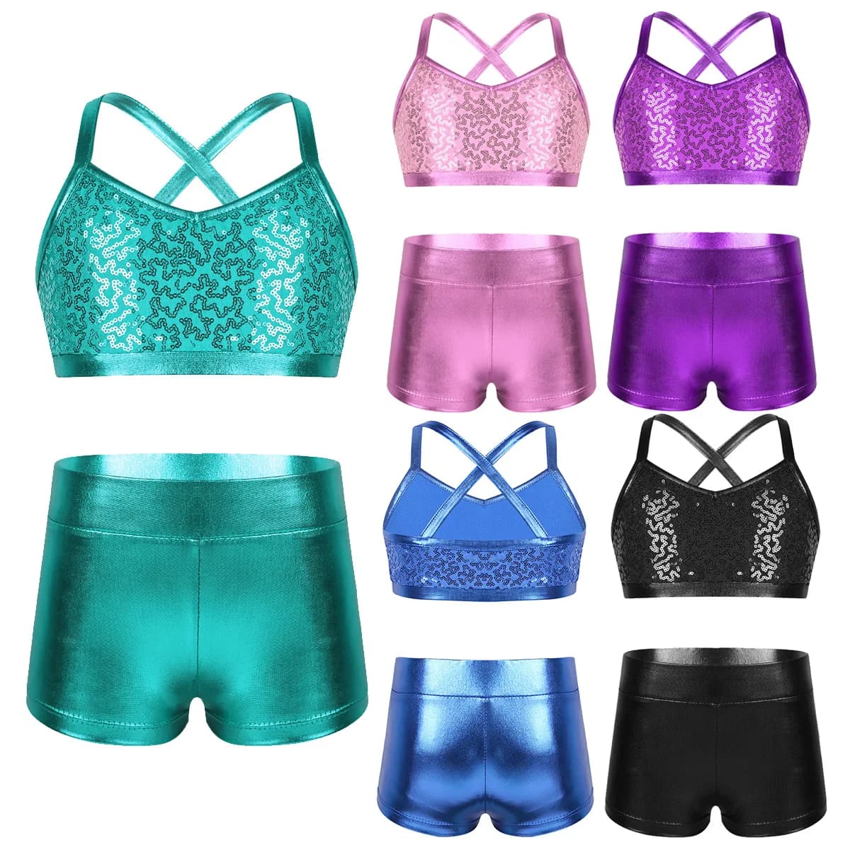 Conjunto de Ropa de baile de Ballet Tankini para niños y niñas, Top corto sin mangas con lentejuelas brillantes, pantalones cortos, chándal, traje