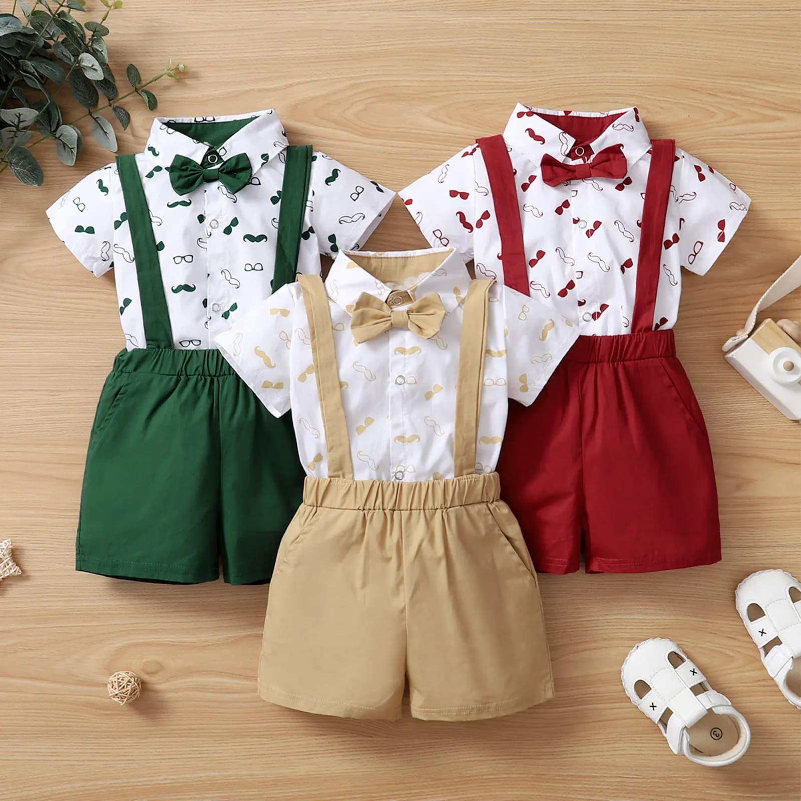 Conjunto de ropa para bebés, camisa de manga corta con cuello de solapa y estampado de barba, pantalones cortos con tirantes de Color sólido