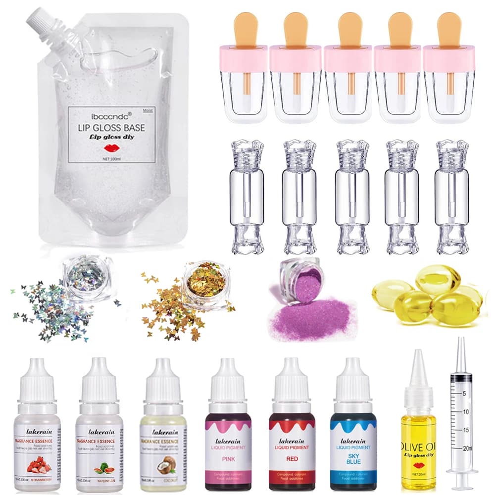 Kit de brillo de labios DIY, Gel Base de brillo de labios transparente hidratante, 100ml con tubos de brillo de labios, pigmento en polvo, aceites de
