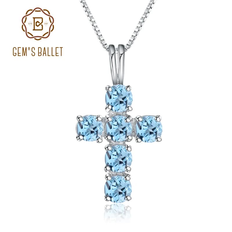Gem's Ballet-collar de plata de ley 925 con Topacio Azul suizo Natural, colgante de Cruz con piedras preciosas, joyería fina