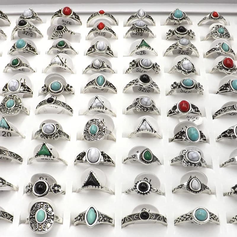 XiaoYaoTYM 50 anillos de estilo vintage de color plata antigua con piedras mixtas para mujer