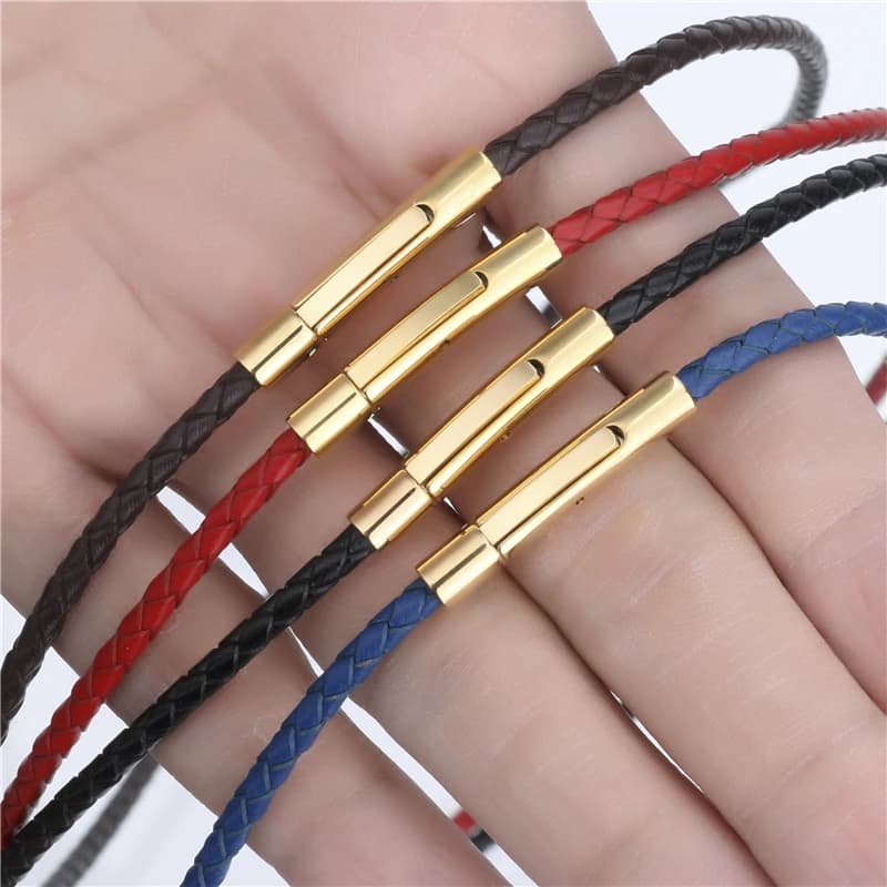 Collares de cuero de 3mm para hombres y mujeres, gargantilla negra/roja/azul/marrón, collar de cuero genuino trenzado, cordón, cierre magnético de