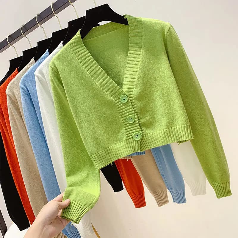Cárdigan corto de punto para mujer, suéter corto coreano, Top corto de manga larga con cuello en V, ropa Y2k de moda verde y azul