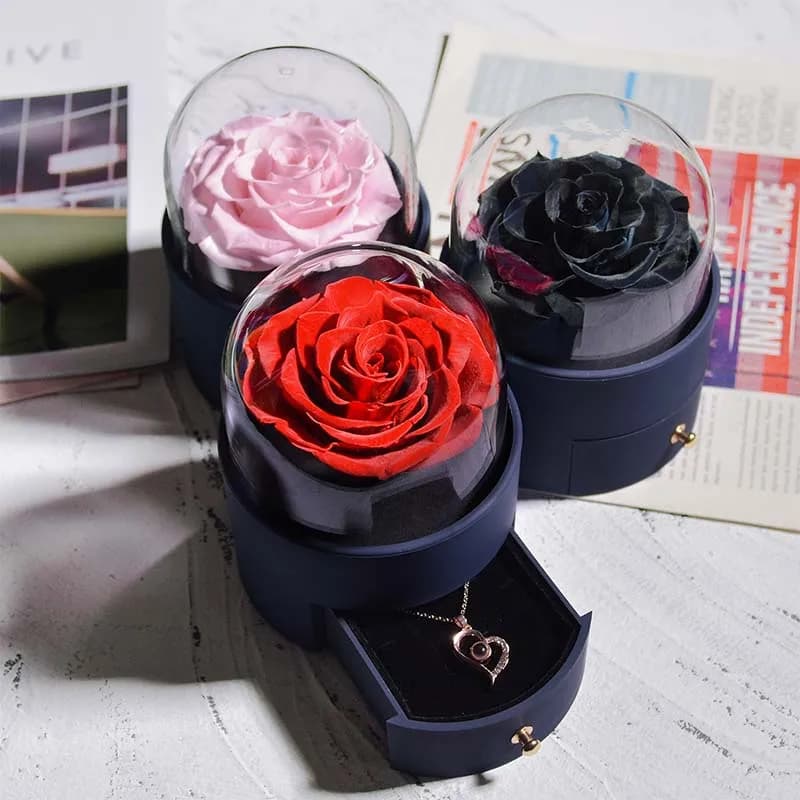 Caja de joyería de rosa eterna, estuche de almacenamiento de anillos de flores preservadas con collar, regalo de aniversario de cumpleaños de amor