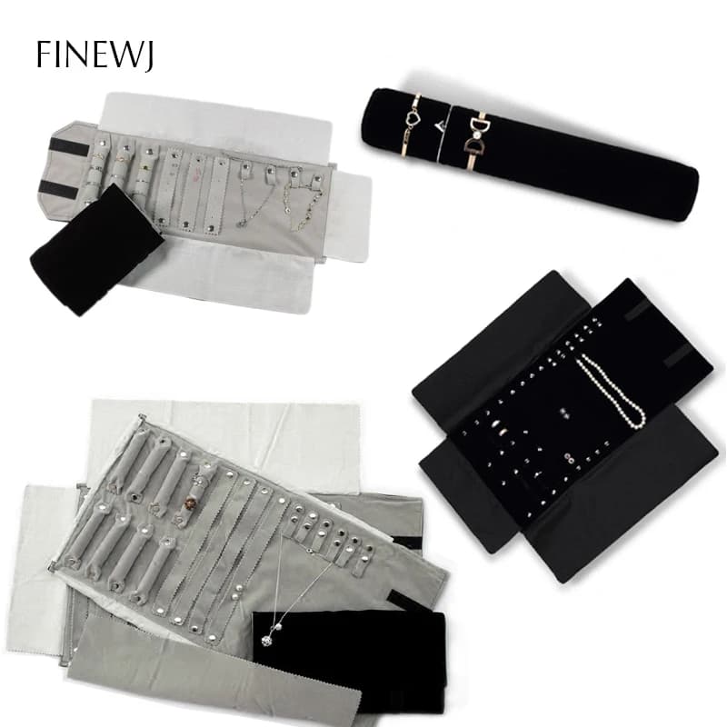 Estuche de transporte de terciopelo negro portátil para joyería, bolsa enrollable, colgante, collar, pulsera, pendientes, anillo, bolsa organizadora