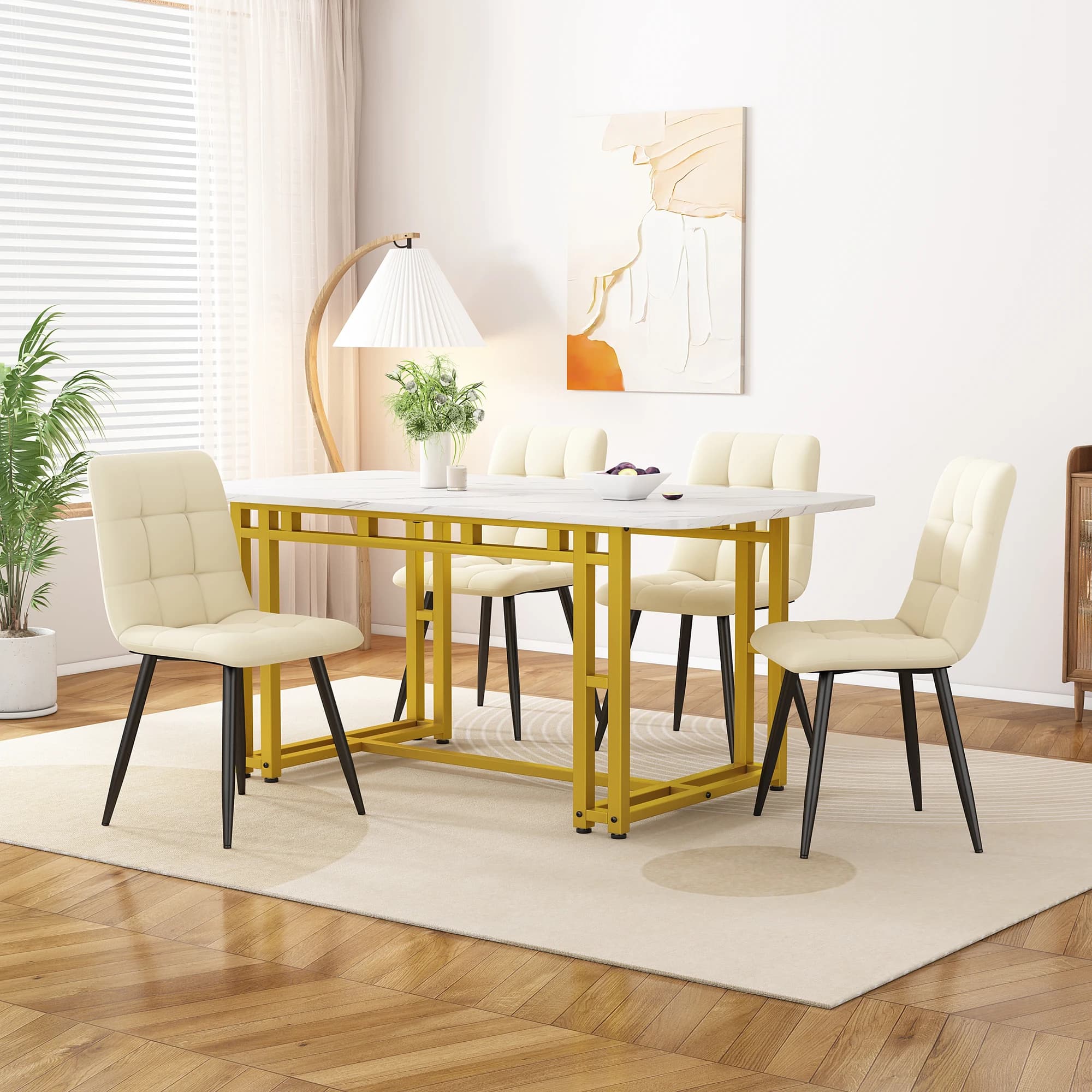 Mesa de comedor con tablero rectangular y patas de metal dorado – para la cocina – MDF – 120×70 cm – dorado