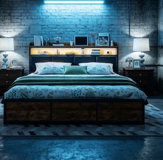 Cama tapizada con 4 cajones, estilo industrial, cama con almacenamiento LED, cama doble acolchada de PU, negra, sin colchón