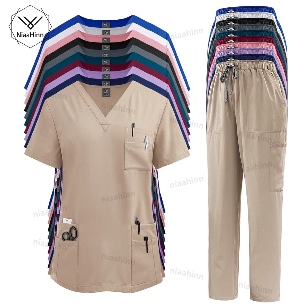 Uniforme de enfermería Multicolor para mujer, Tops de manga corta y pantalones, uniforme de enfermería, tienda de mascotas, médico, ropa de trabajo