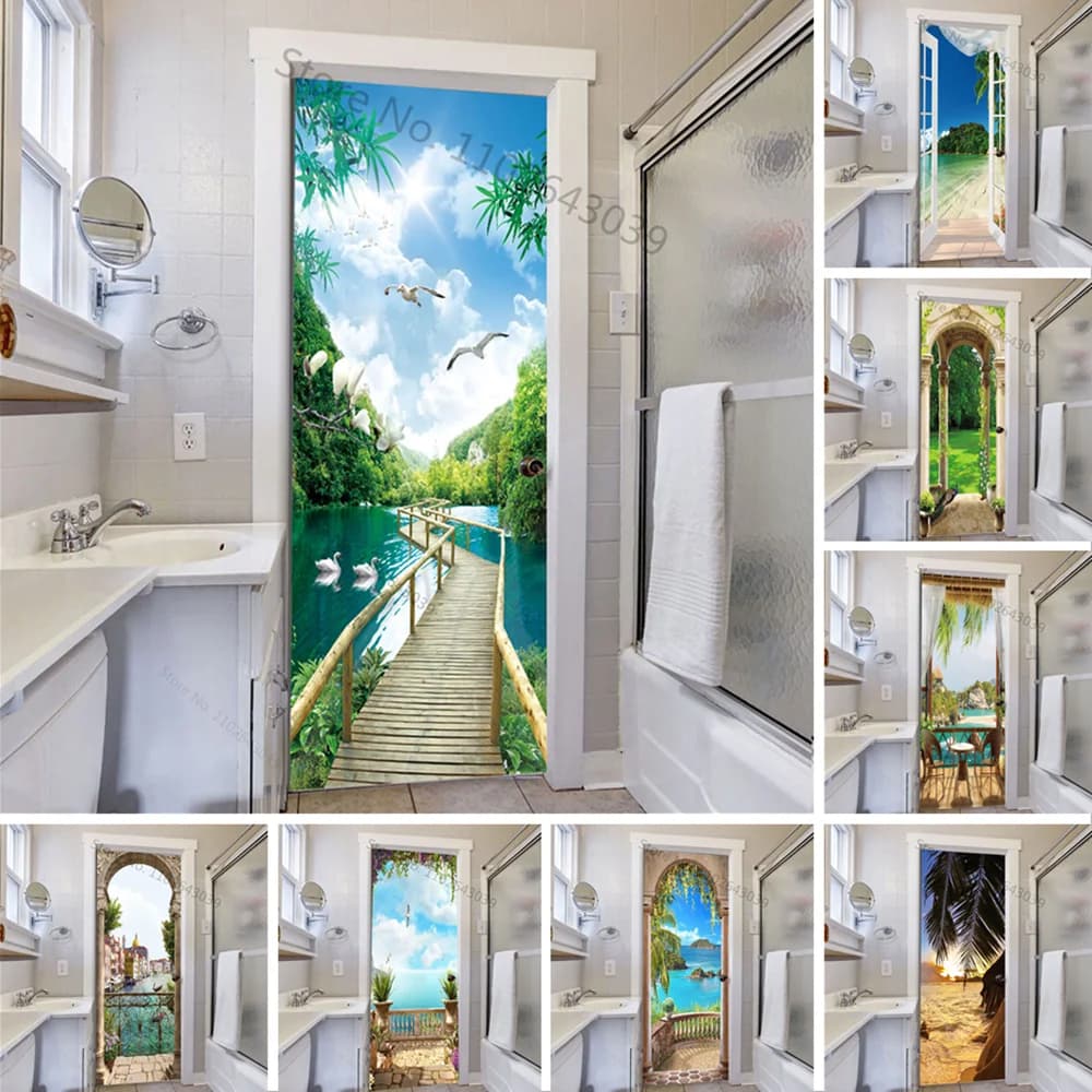 Pegatina de puerta de entrada de PVC para decoración del hogar, papel tapiz fotográfico autoadhesivo para baño, ducha, dormitorio, renovación de