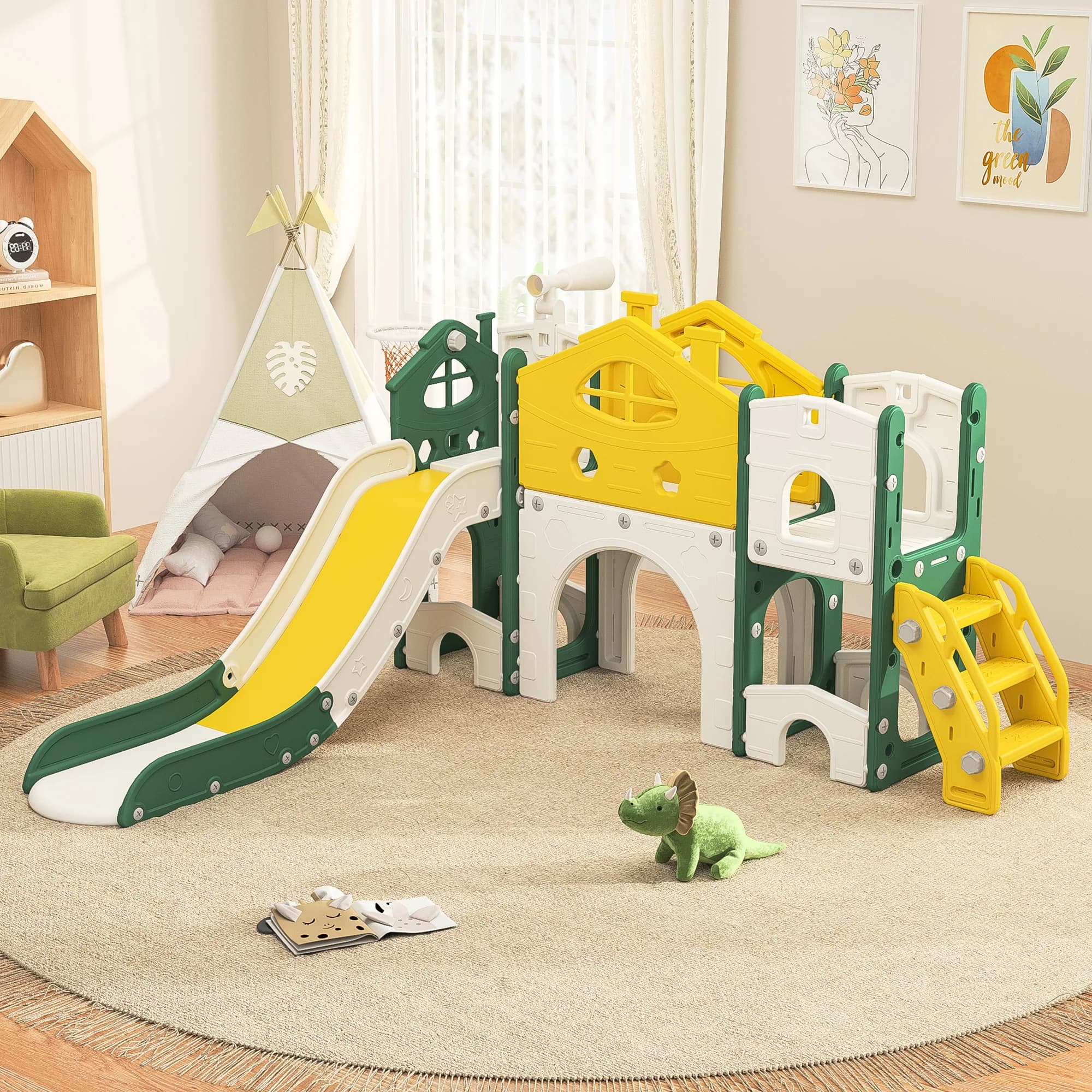 Tobogán Infantil para Exteriores 7 en 1, con Tobogán Individual, Estructura para Escalar, Aro de Baloncesto, Telescopios, Túnel, Espacio de