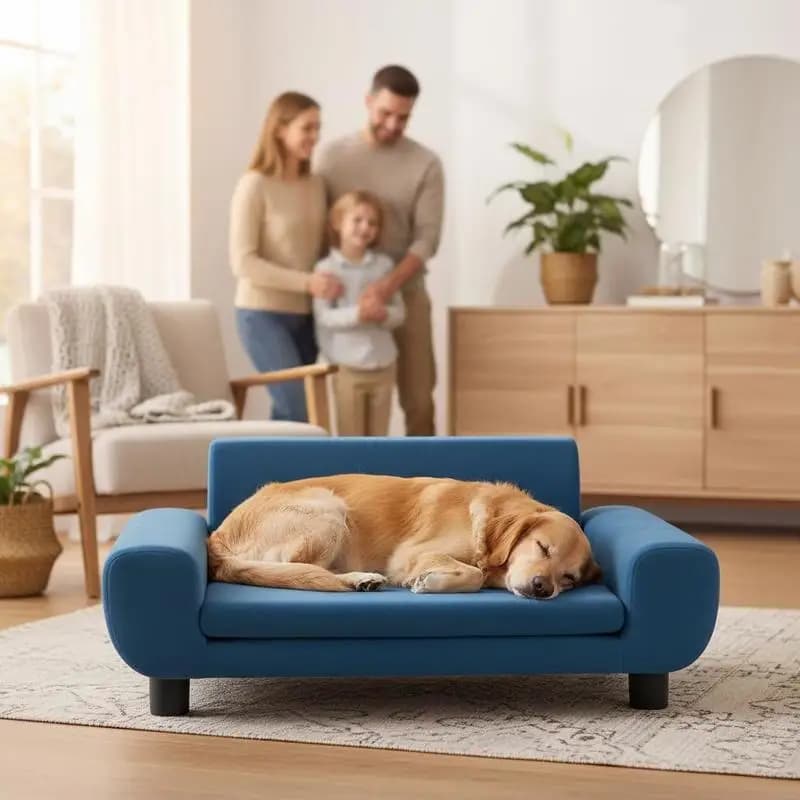 Sofá Cama para Perros Pequeños, Terciopelo Rosa, Marco de Pino Macizo, Espuma Acolchada, Capacidad para Mascotas, Descanso Interior, Hogar