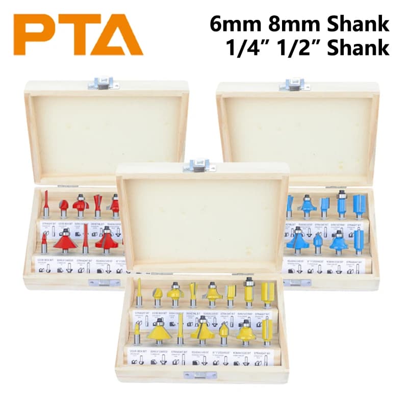 Juego de 15 fresas de vástago de 6 mm, 6.35 mm, 8 mm, 12.7 mm para carpintería, cortador de fresado, empaquetado en cajas de madera, fresa frontal