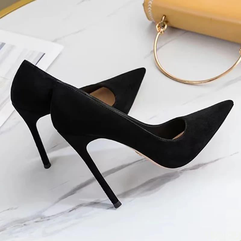 Nuevos Zapatos de Mujer a la moda, tacones altos negros sexis, Zapatos de tacón de ante puntiagudos y afilados, Zapatos elegantes con etiqueta de