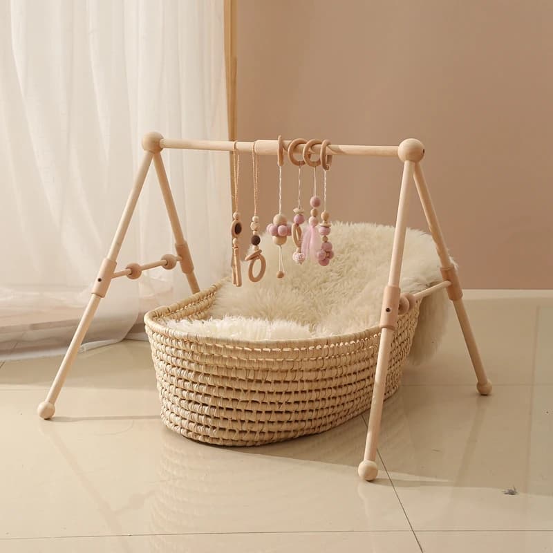 1 set de juguetes de madera para bebé: sonajeros, juguetes sensoriales colgantes para gimnasio de actividades, marco de gimnasio plegable,