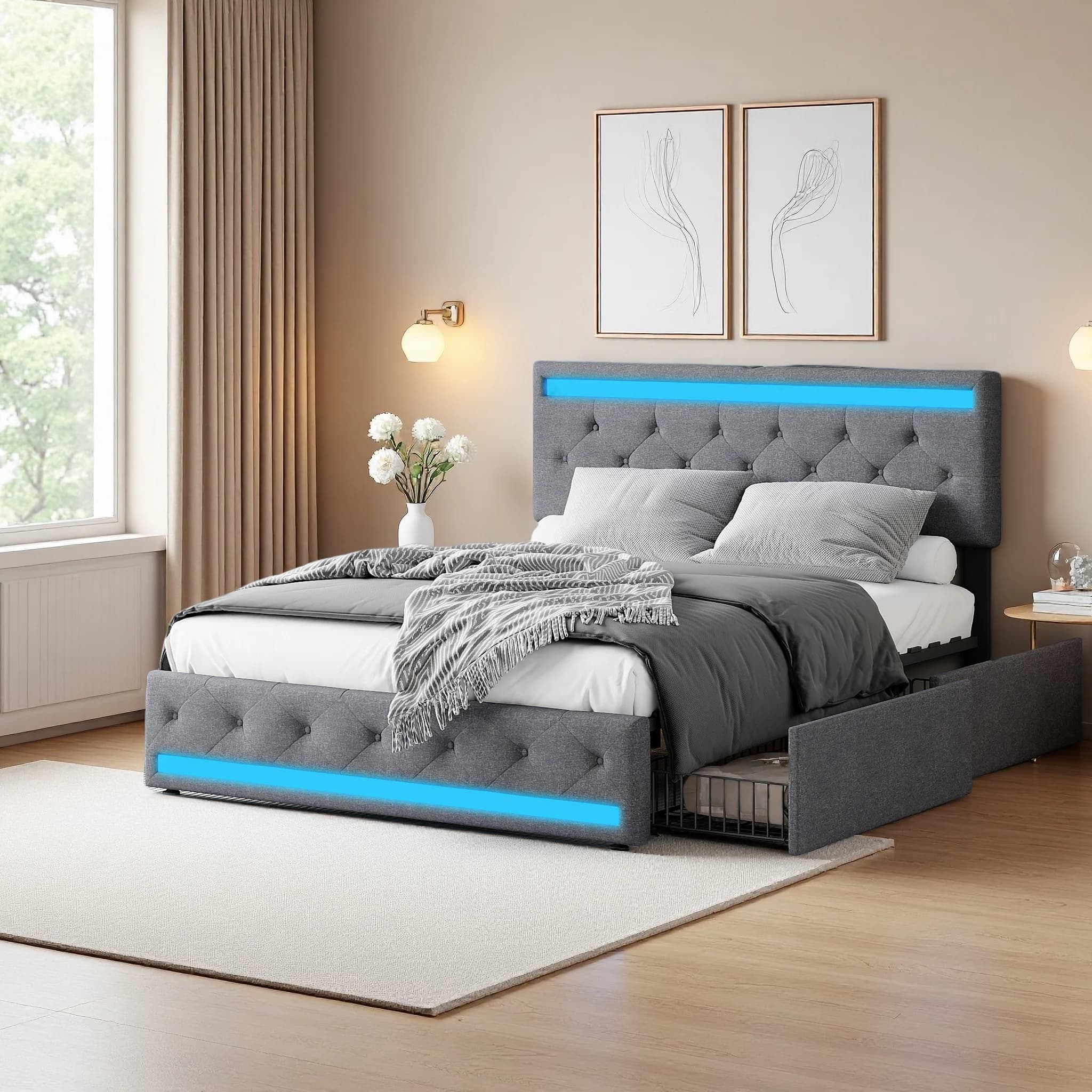 Cama doble con iluminación LED, 140/160/180 x 200 cm, cabecero tapizado, cama con almacenamiento, puerto USB y 4 cajones, tela de lino gris